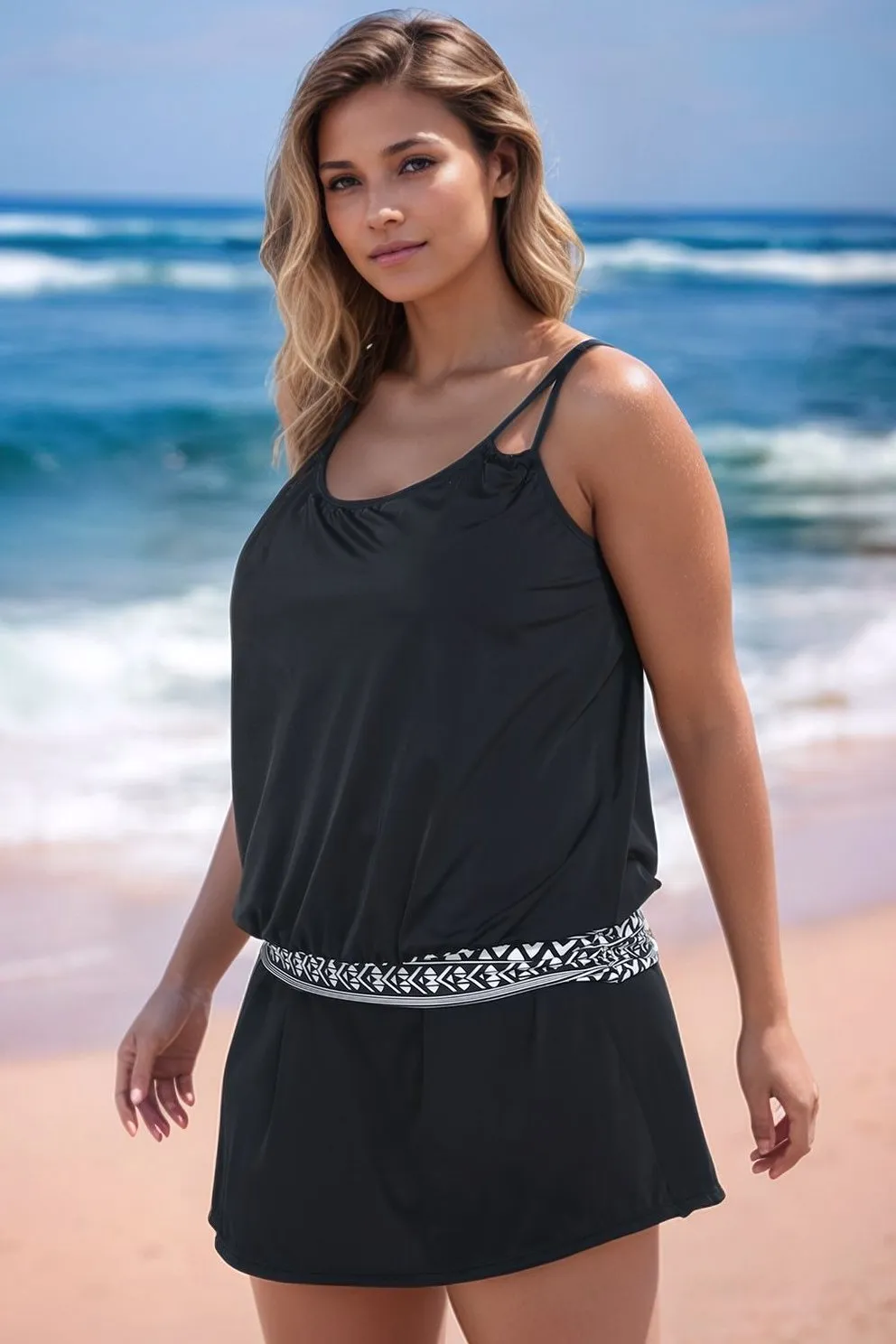 FULLFITALL - Black Loop Strap Blouson Tankini With A-Line Swim Skirt