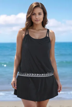 FULLFITALL - Black Loop Strap Blouson Tankini With A-Line Swim Skirt